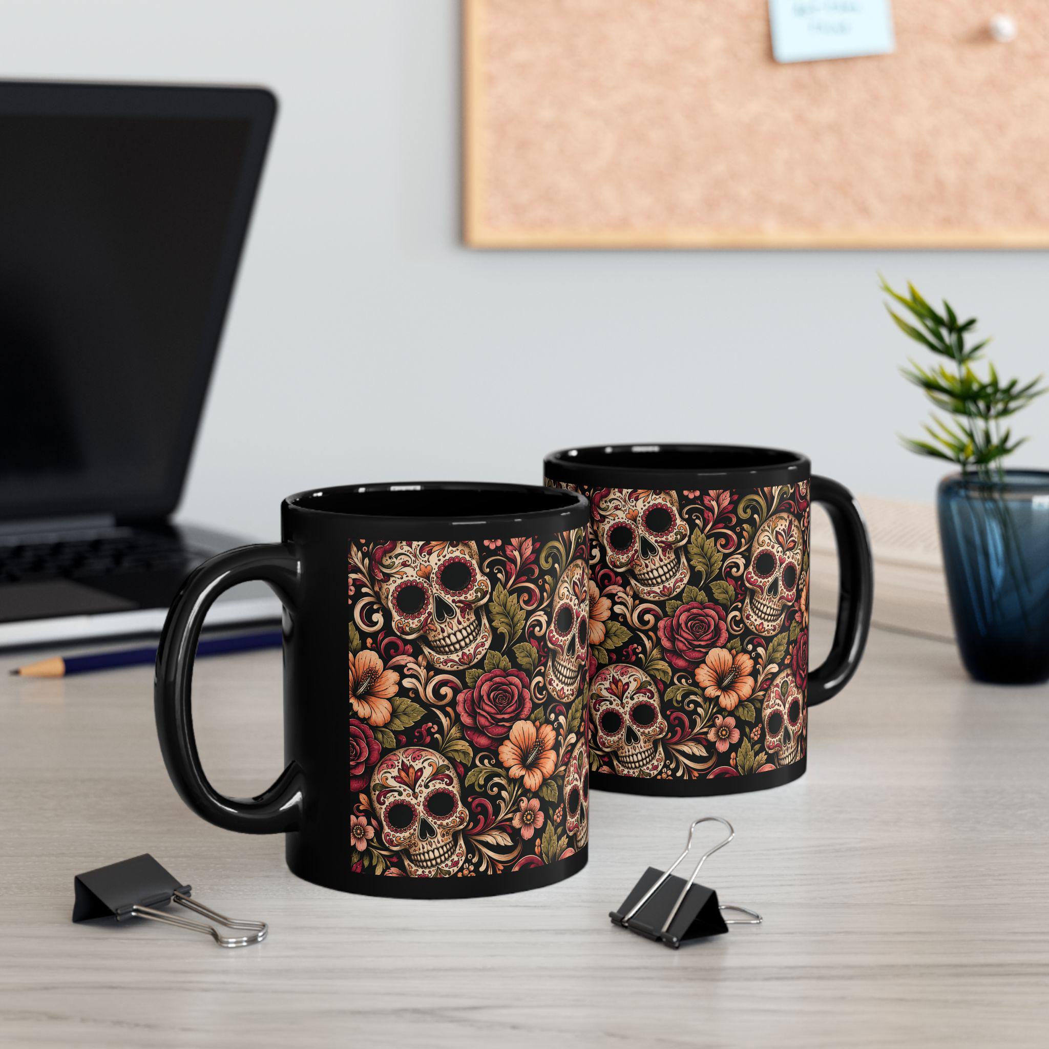 Day of the Dead Sugar Skull Black Mug Floral Calavera Coffee Cup