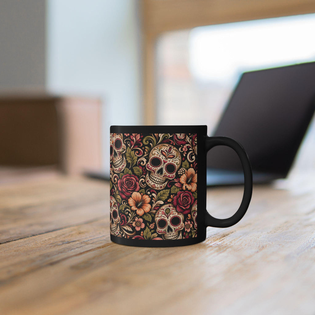 Day of the Dead Sugar Skull Black Mug Floral Calavera Coffee Cup