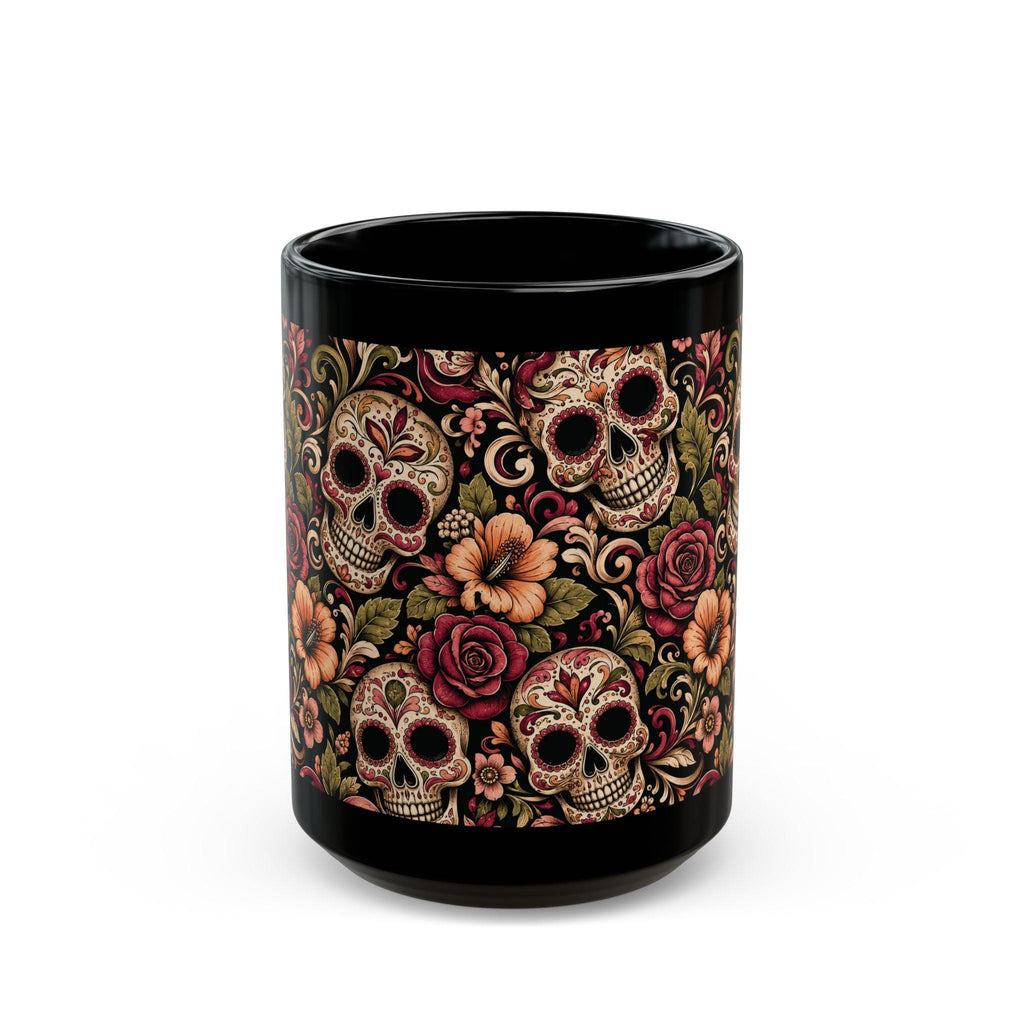 Day of the Dead Sugar Skull Black Mug Floral Calavera Coffee Cup