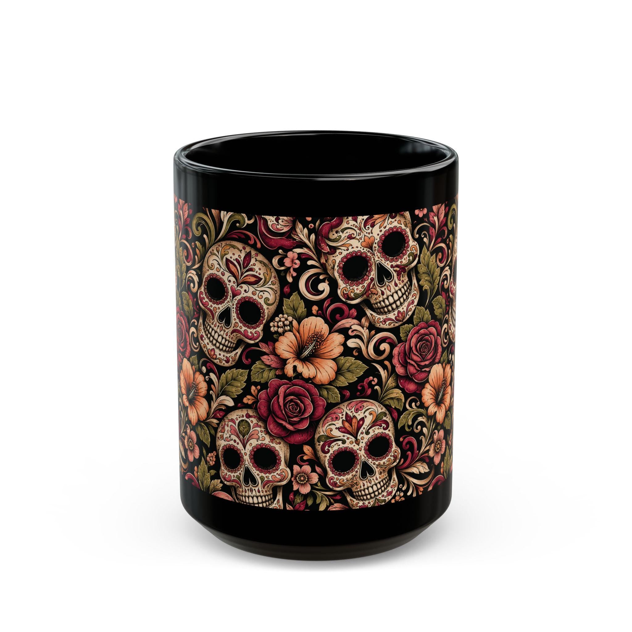 Day of the Dead Sugar Skull Black Mug Floral Calavera Coffee Cup