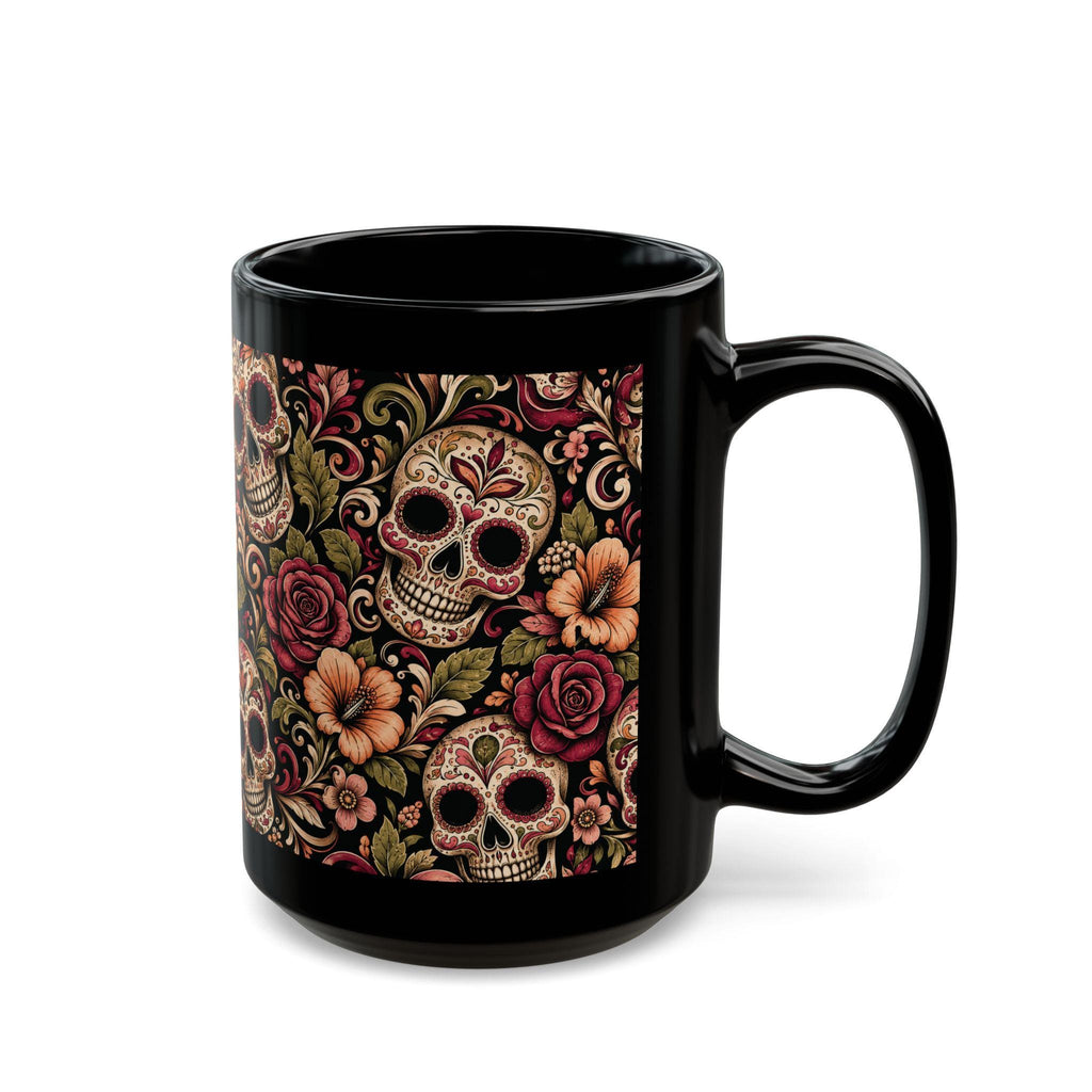 Day of the Dead Sugar Skull Black Mug Floral Calavera Coffee Cup
