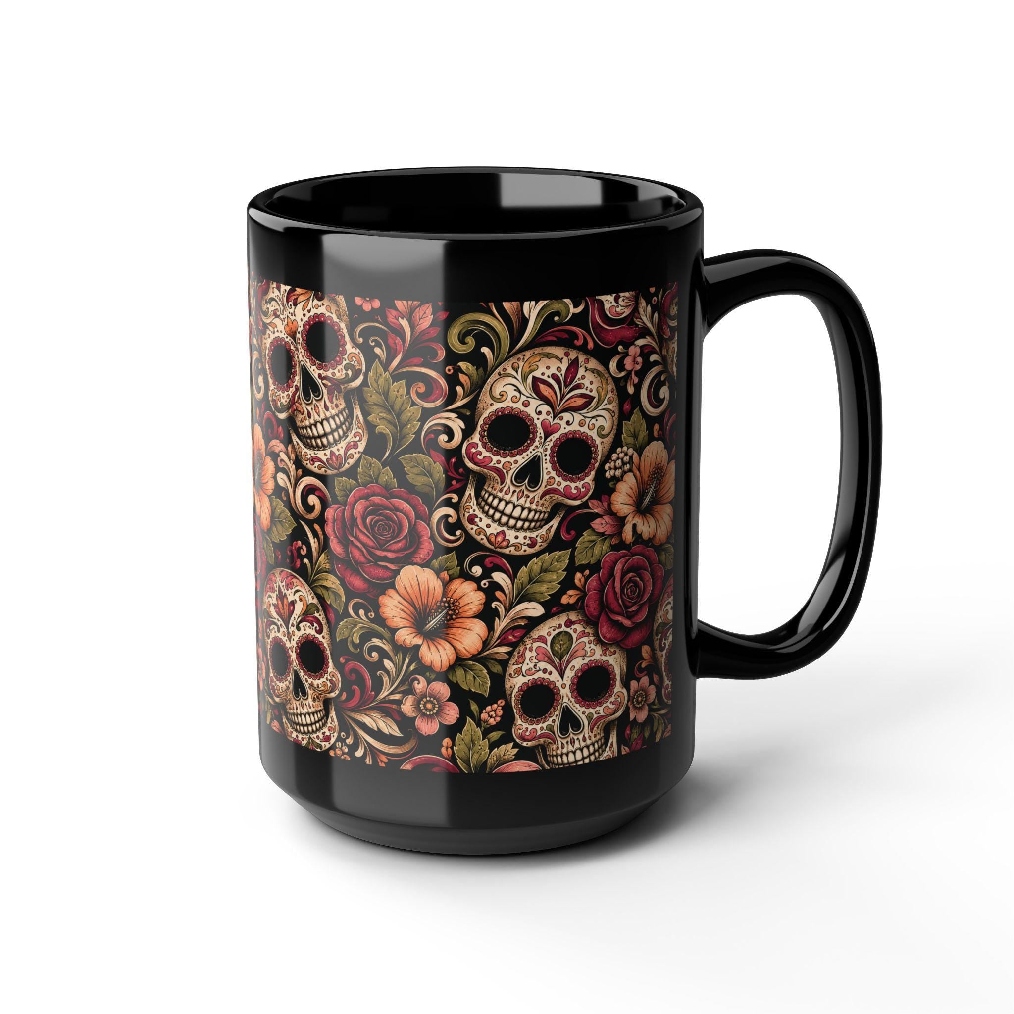 Day of the Dead Sugar Skull Black Mug Floral Calavera Coffee Cup