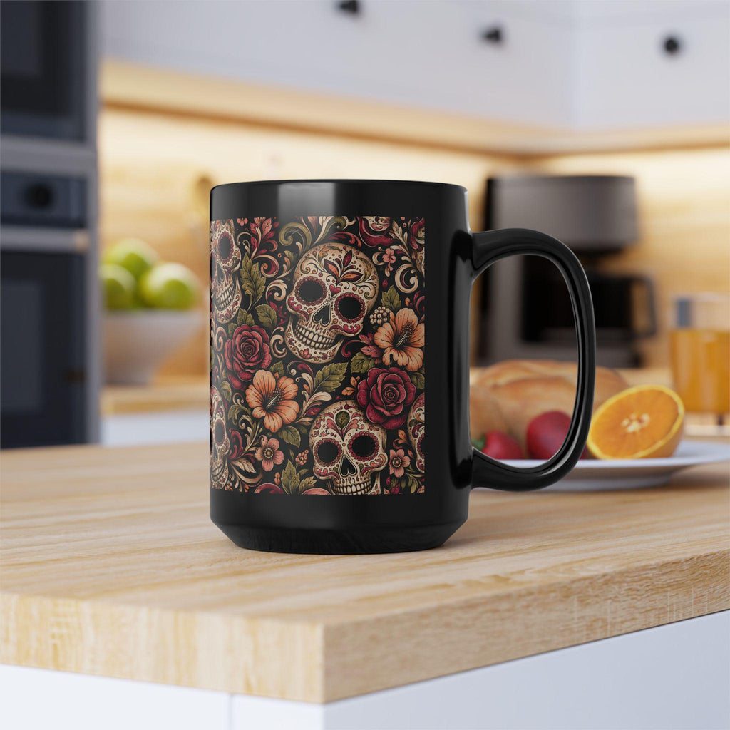Day of the Dead Sugar Skull Black Mug Floral Calavera Coffee Cup