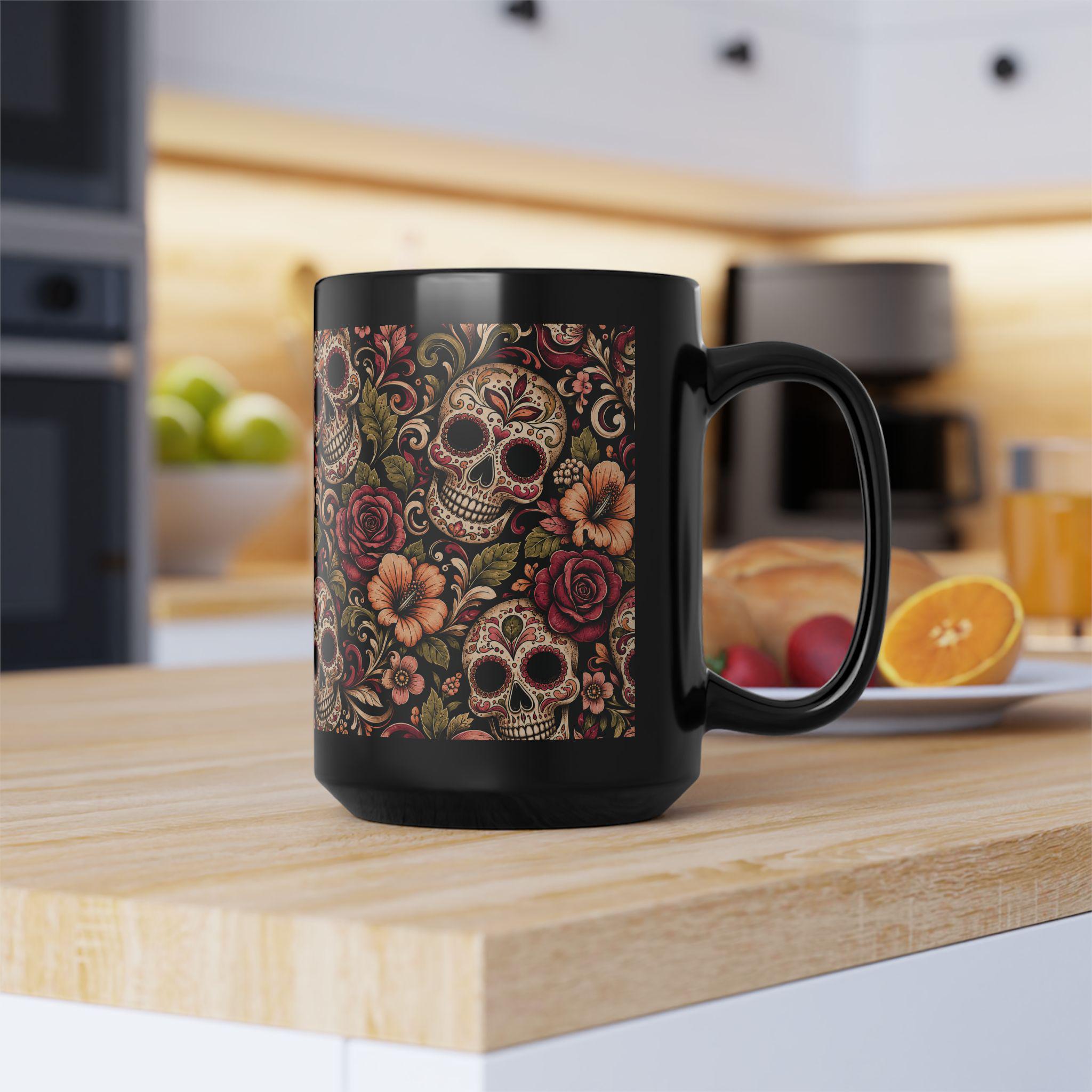 Day of the Dead Sugar Skull Black Mug Floral Calavera Coffee Cup
