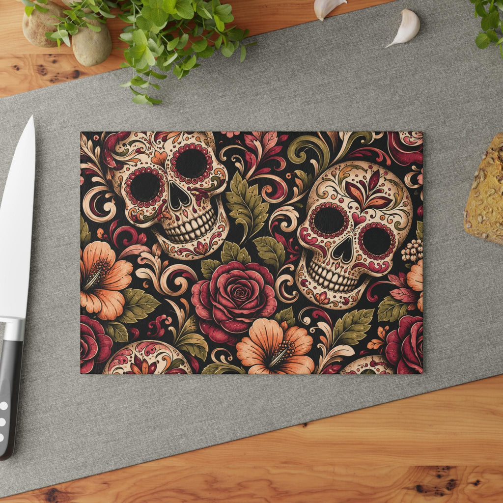 Day of the Dead Sugar Skull Glass Cutting Board Floral Kitchen Decor
