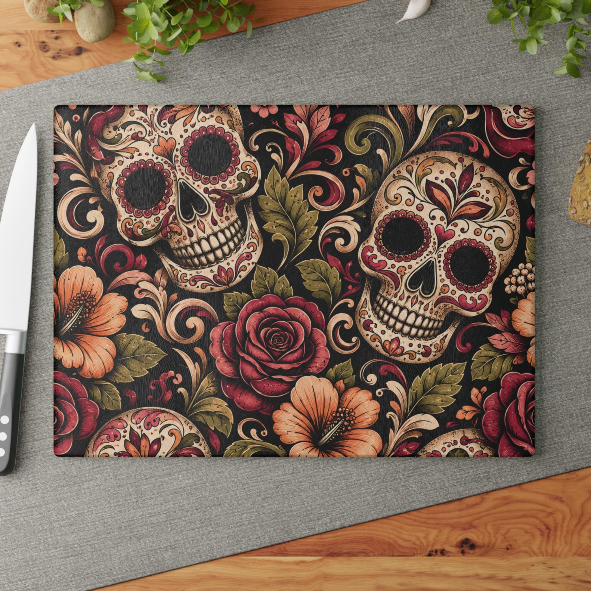 Day of the Dead Sugar Skull Glass Cutting Board Floral Kitchen Decor