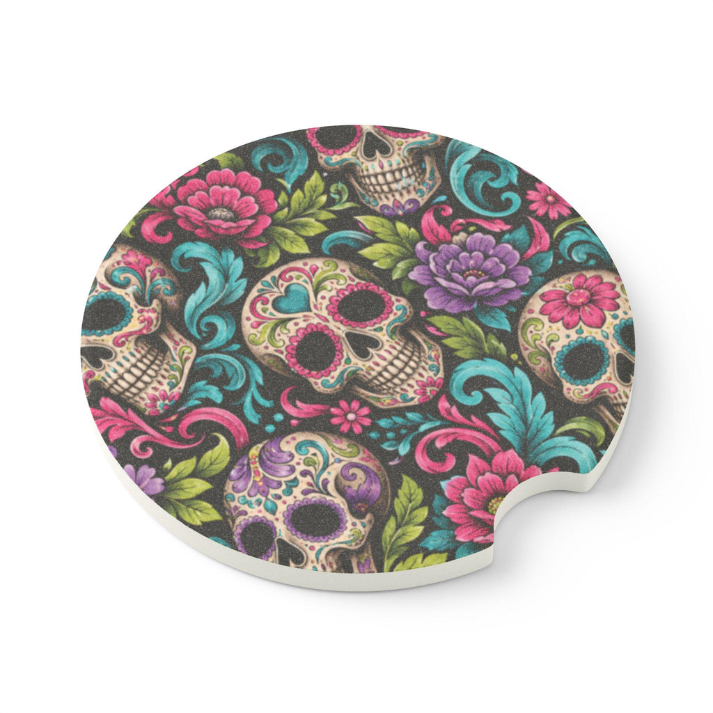 Sugar Skull Floral Car Coaster Colorful Day of the Dead Soapstone Coaster