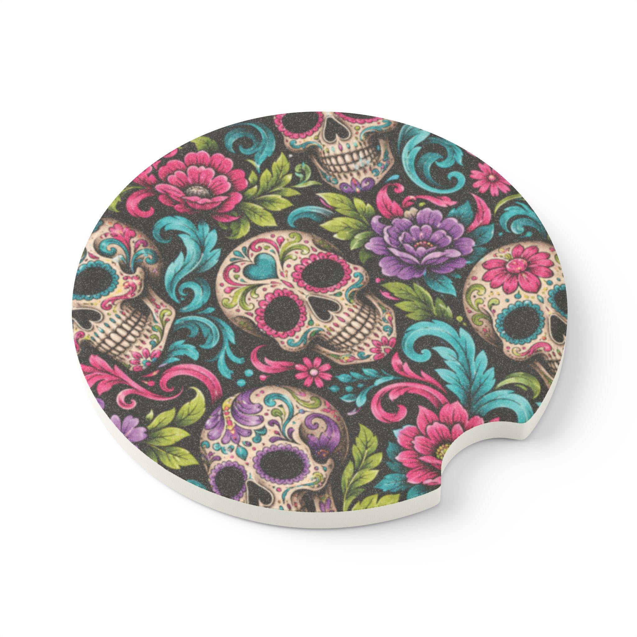 Sugar Skull Floral Car Coaster Colorful Day of the Dead Soapstone Coaster